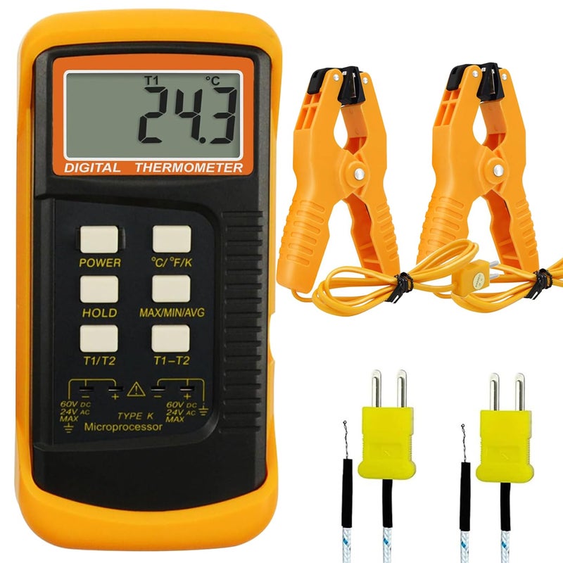 Drphiru K Type Thermocouple Thermometer Dual Channels Thermocouple Tester (-58~2372°F) High Accuracy Temperature Kelvin Scale Meter with 2X Temperature Clamp & 2X Pipe Thermocouple Probes - Image 1